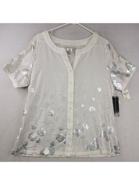 Robert Kitchen Sequin Button Up Blouse XL White Embellished Glam Festival Fairy